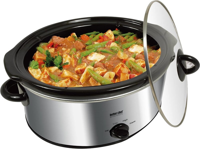 Better Chef Oval Slow Cooker | 3-Quart | 3-Tempature Settings | Side Handles | Glass Lid | Enamel Stoneware Insert (Stainless-Steel) - Image 2